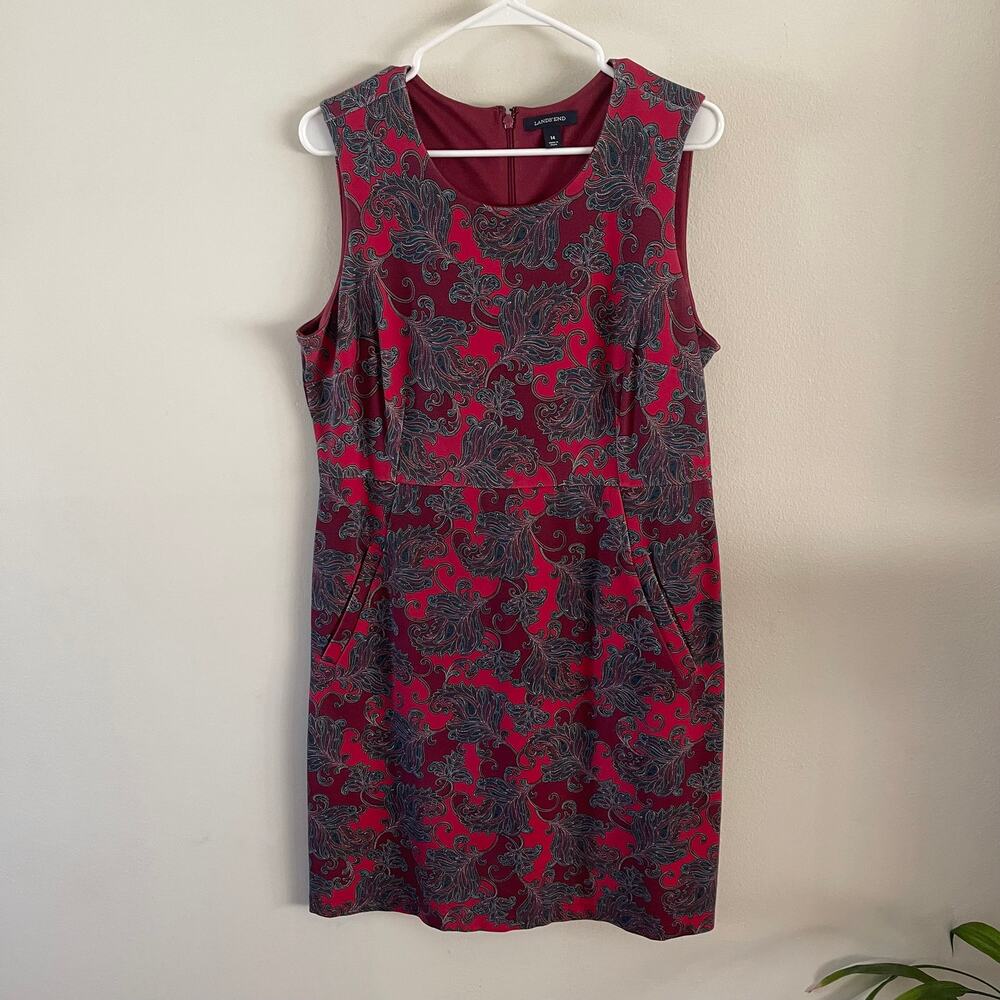 Lands End Womens 14 Burgundy Red Paisley Sleeveless Ponte Knit Sheath Dress